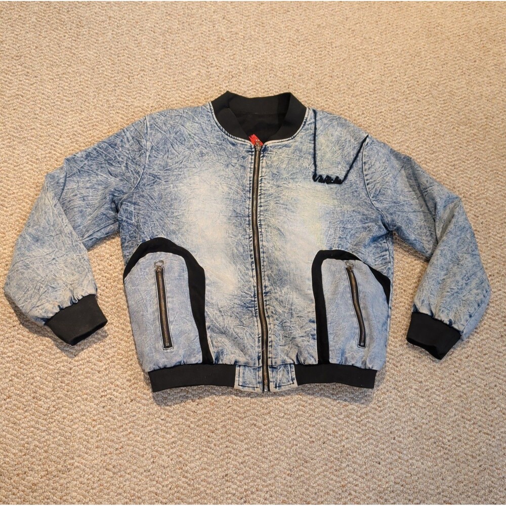 Vie Riche Paris Denim Reversible Jacket Mens M Acid Wash Back Zip Streetwear
